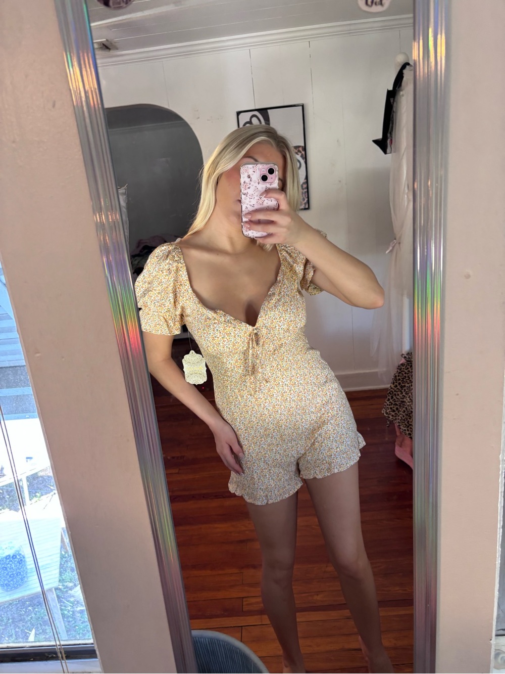 Altar'd State Peach and Yellow shorts/romper